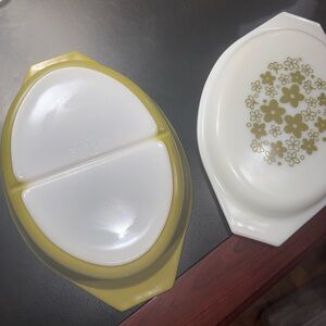 Pyrex Olive Green and White Floral Casserole Dishes